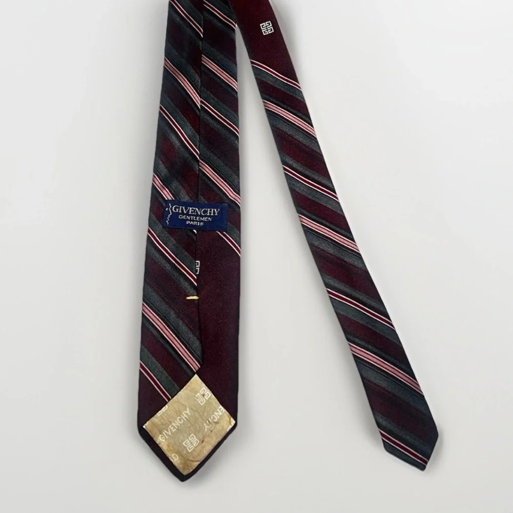 Givenchy Vintage Men’s Designer Tie Burgundy Gray‎ Striped Luxury Retro Necktie